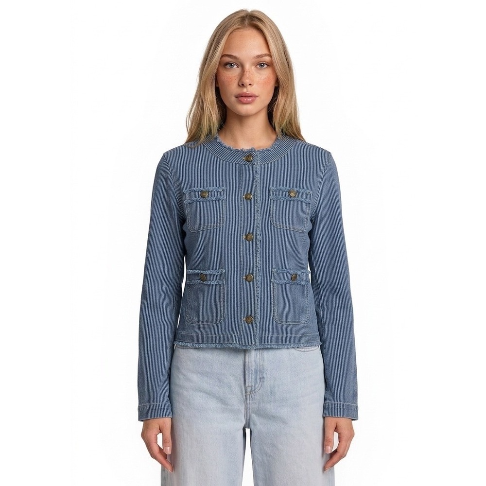 J.McLaughlin Classic Jacket Women's Size Medium Blue White Denim Striped Blazer